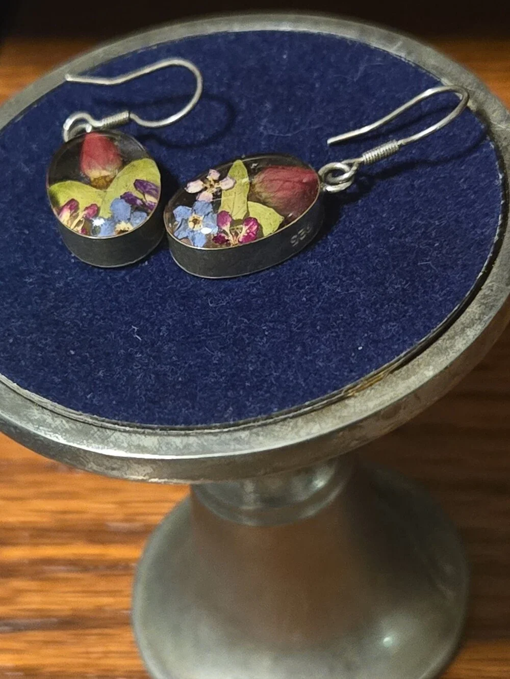 Vintage Sterling Silver Floral Resin Jewelry Set- Ring And 3 Earring Sets